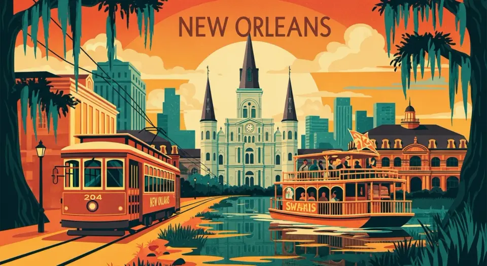 Illustration of New Orleans landmarks including a streetcar, St. Louis Cathedral, and a riverboat