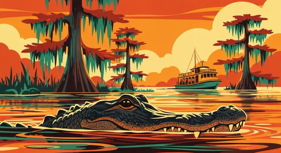 Illustration of a large alligator surfacing in the bayou with a swamp tour boat and cypress trees behind it