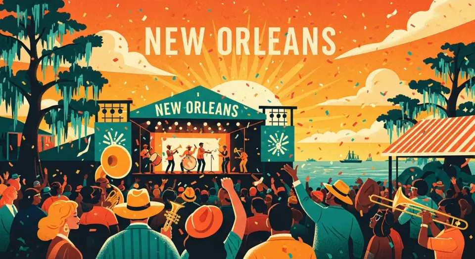 Illustration of a festival crowd cheering a brass band on an outdoor New Orleans stage with confetti falling