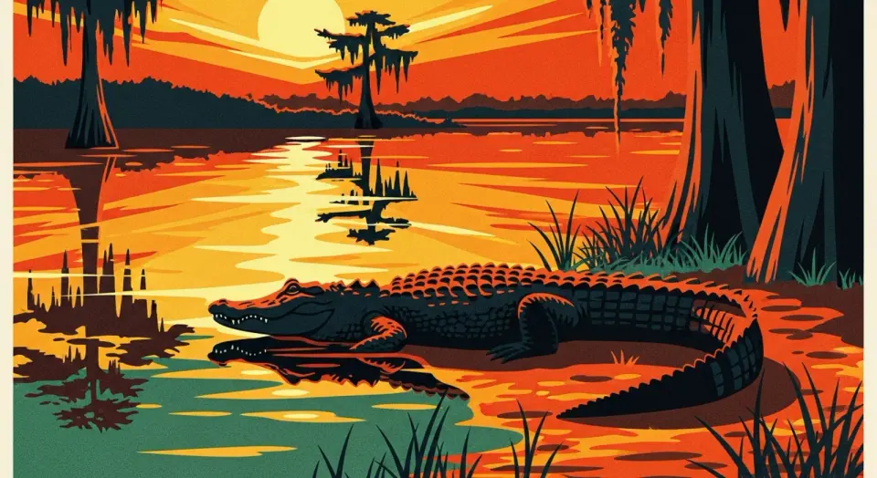 Alligator basking at the water's edge in warm golden-hour light on the bayou