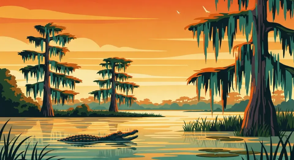 Illustration of an alligator swimming past moss-draped cypress trees in a Louisiana swamp at sunset