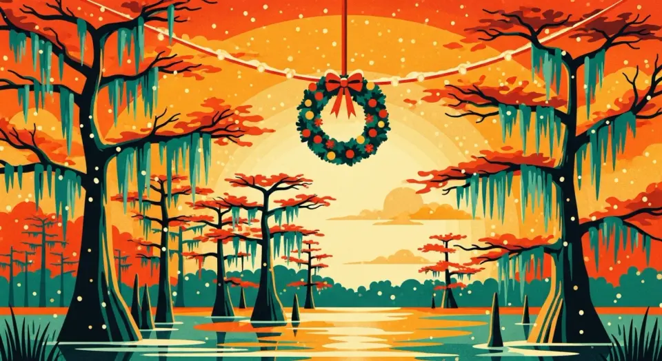 Illustration of a Christmas wreath and string lights hung over a Louisiana swamp with snow falling among cypress trees