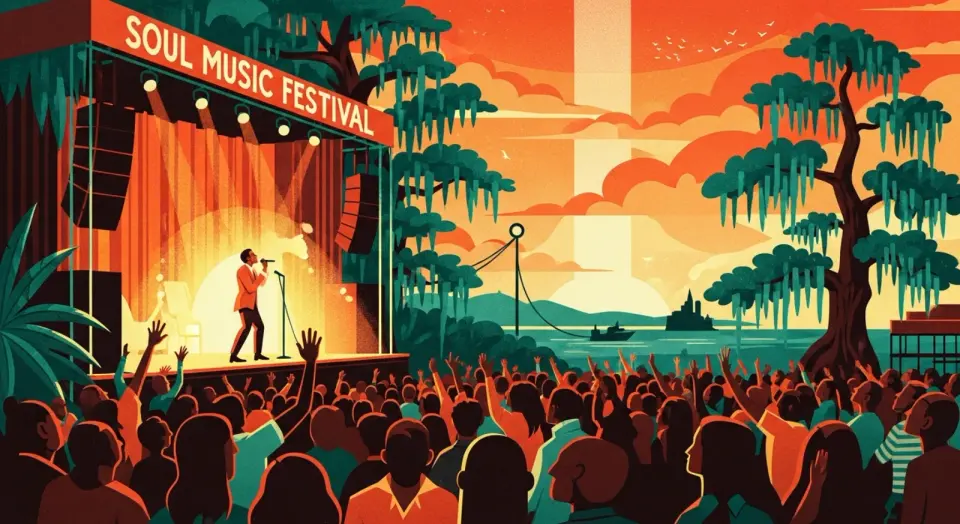 Illustration of a soul singer performing on an outdoor festival stage before a crowd near the New Orleans riverfront