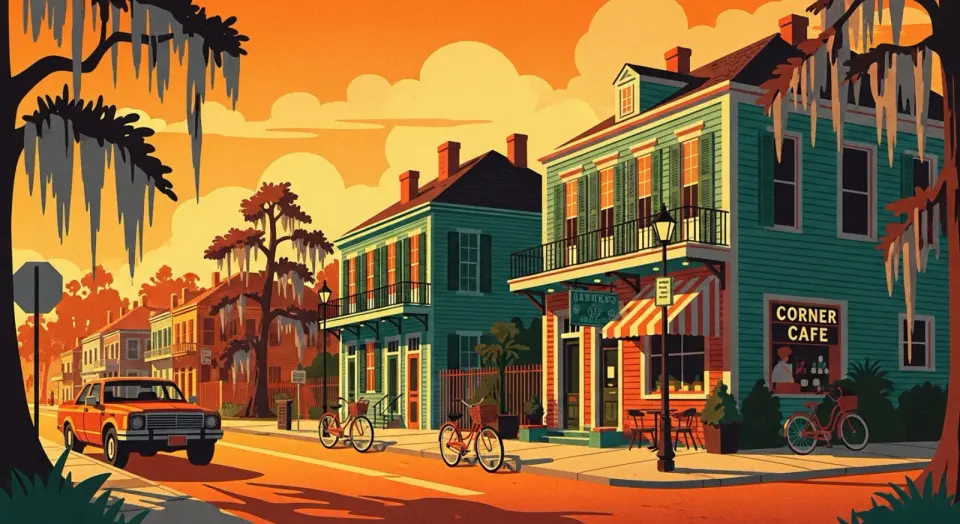 Illustration of a quiet New Orleans neighborhood street with Creole cottages, bicycles, and a corner cafe