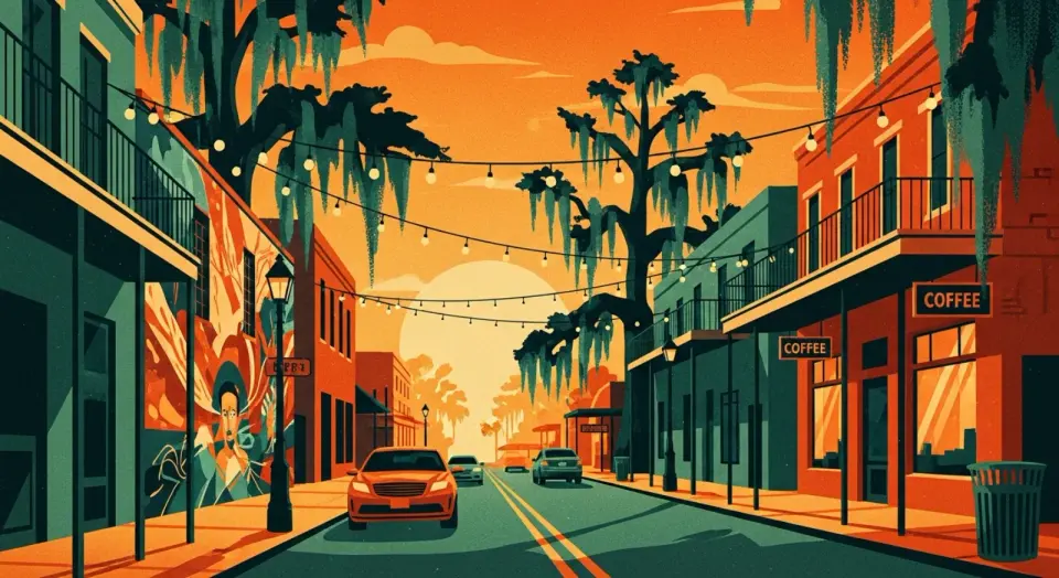 Illustration of an indie New Orleans street with string lights, coffee shops, and a colorful wall mural under mossy oaks