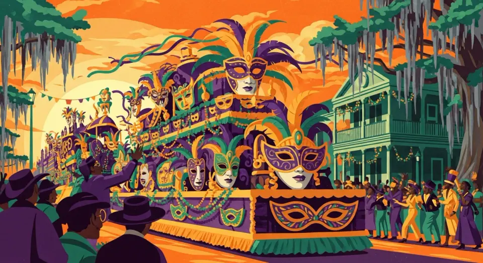 Illustration of an ornate Mardi Gras parade float covered in masks and feathers rolling past a crowd in New Orleans