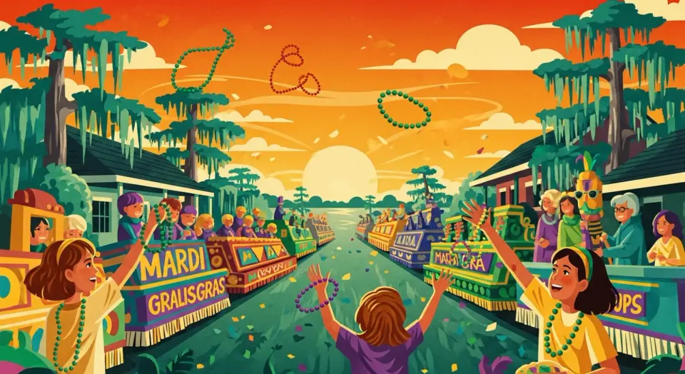 Illustration of children catching beads at a family-friendly Mardi Gras parade in a New Orleans neighborhood