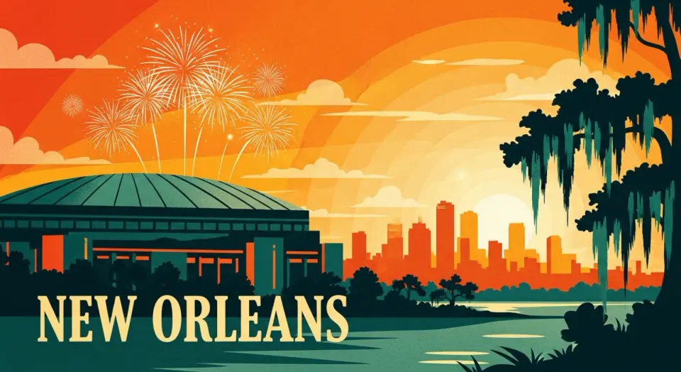 Illustration of fireworks bursting over the Superdome and the New Orleans skyline at sunset