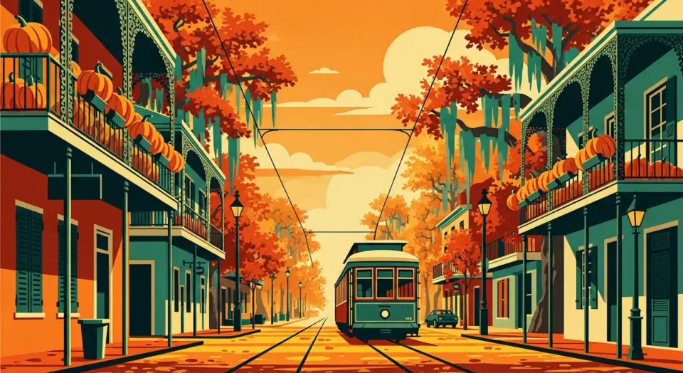 Illustration of a streetcar rolling down a French Quarter street lined with fall foliage and pumpkins on iron balconies