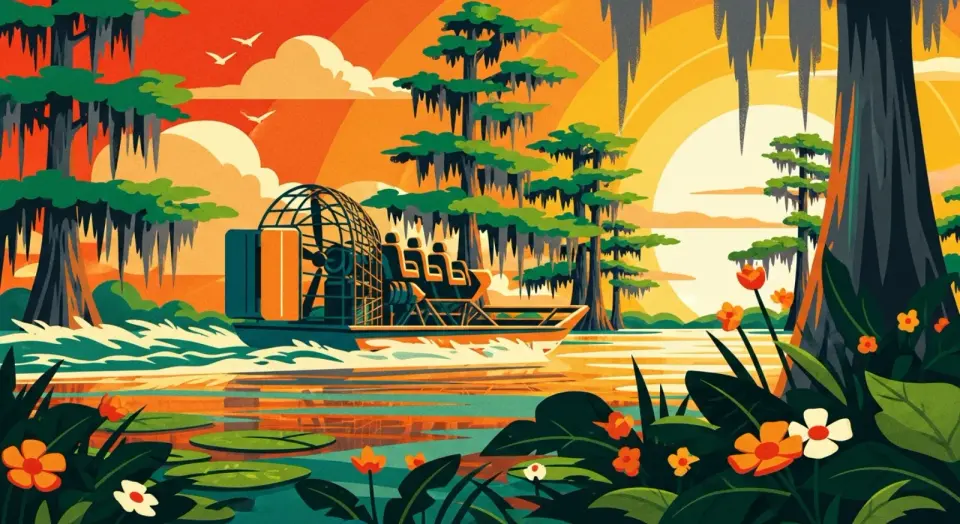 Illustration of an airboat speeding through a blooming Louisiana swamp with spring wildflowers in the foreground