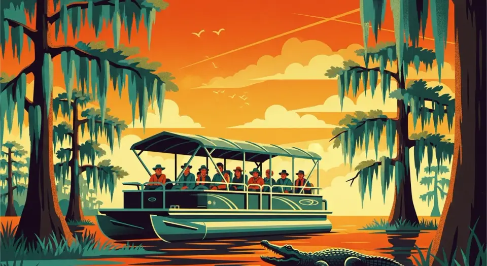 Covered pontoon swamp tour boat near an alligator in the Louisiana bayou