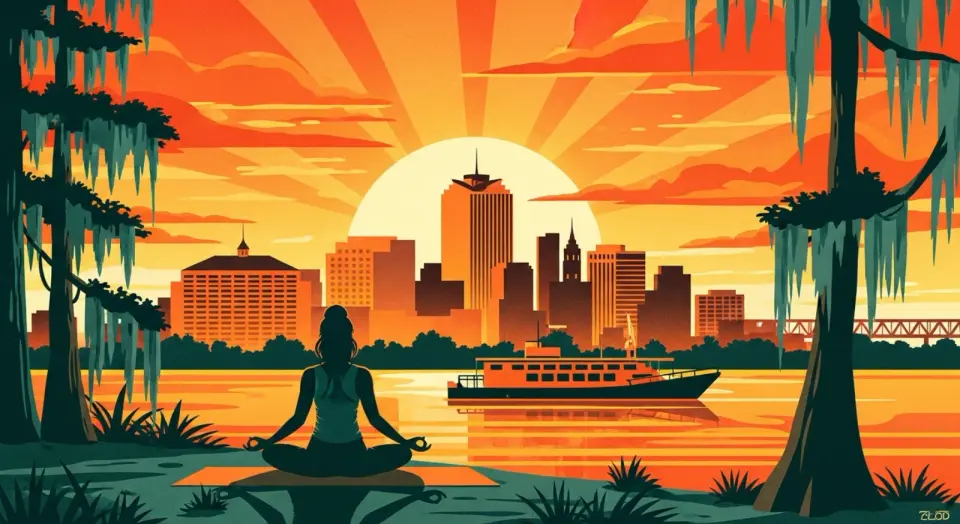 Illustration of a woman in lotus pose by the Mississippi River at sunrise with the New Orleans skyline behind her
