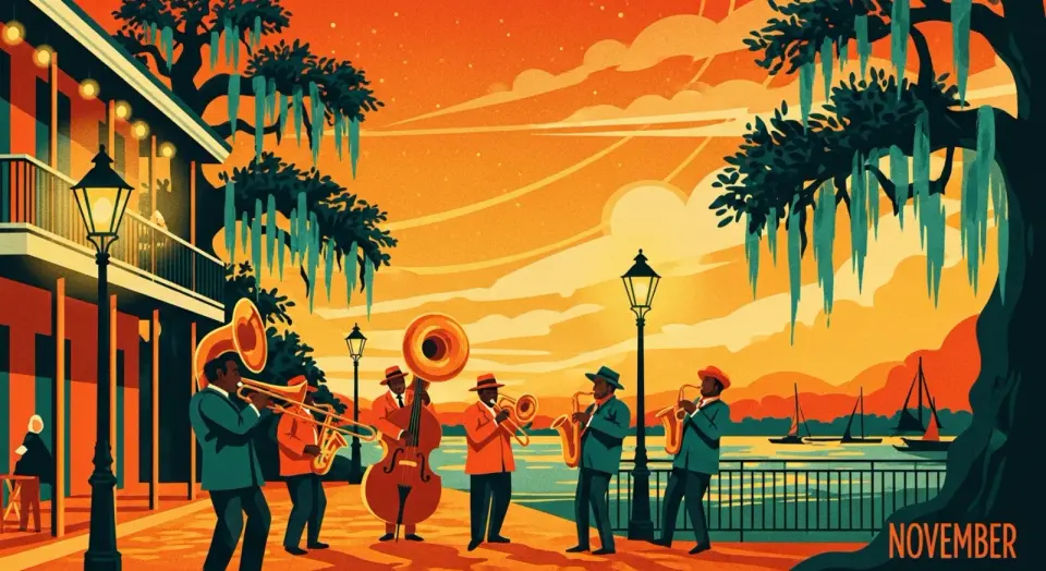 Illustration of a brass band playing under mossy oaks along the New Orleans riverfront at sunset