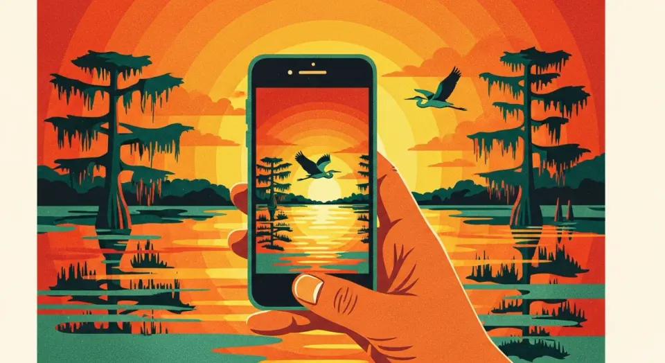Hand holding a smartphone framing a bayou sunset with cypress trees and a heron