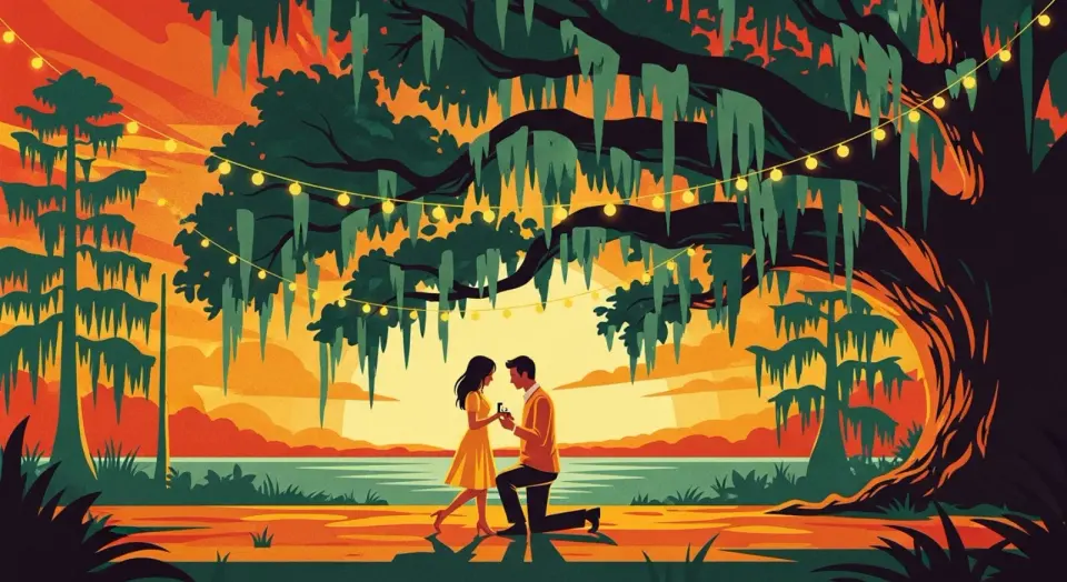 Illustration of a man proposing to a woman under a mossy oak strung with lights beside a Louisiana lake at sunset