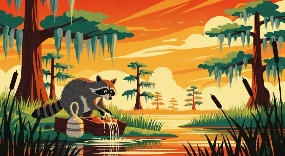 Illustration of a raccoon dunking its food in the water at the edge of a Louisiana swamp