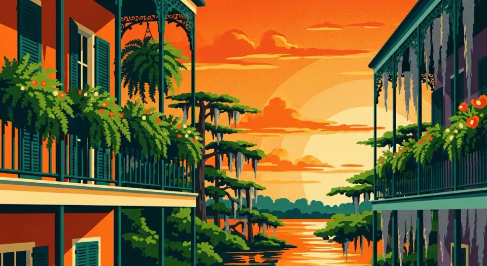 Illustration of ferns and flowers on French Quarter balconies overlooking a bayou sunset