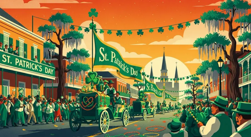 Illustration of a St. Patrick’s Day parade with green banners, shamrocks, and vintage floats rolling through New Orleans