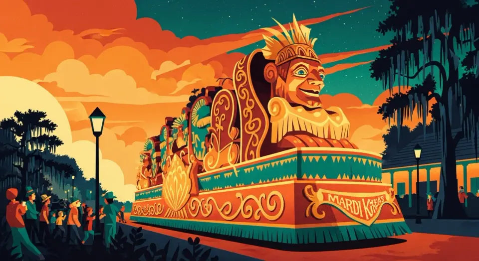 Illustration of a towering super krewe parade float with a giant jester figure rolling through New Orleans at dusk