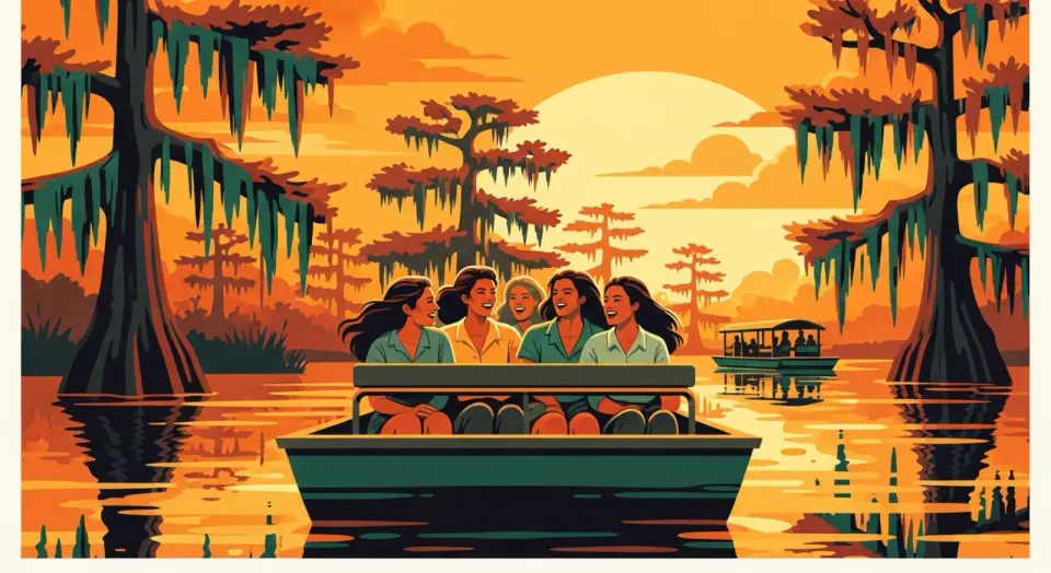 Illustration of five friends laughing together on a swamp tour boat among moss-draped cypress trees at sunset