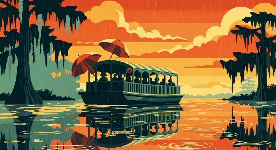 Illustration of passengers holding umbrellas on a covered tour boat during a gentle rain on the bayou