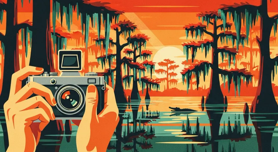 Photographer framing a cypress swamp scene with an alligator in golden-hour light
