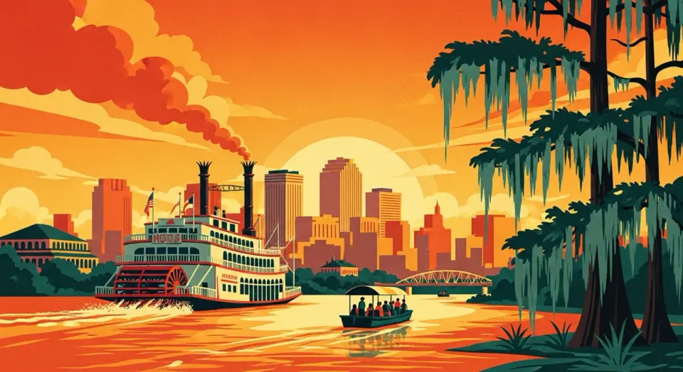 Illustration of a paddlewheel steamboat and a tour boat on the Mississippi River with the New Orleans skyline at sunset