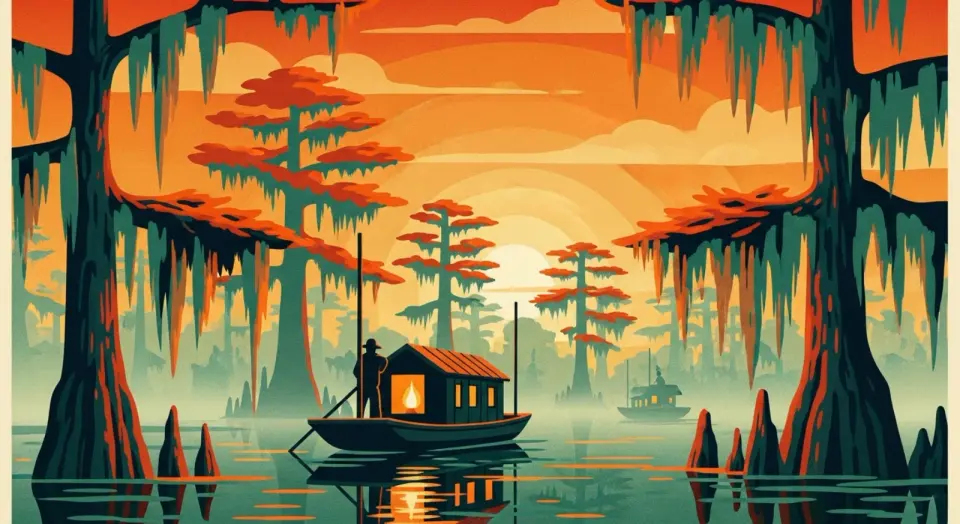 Illustration of a lone boatman poling a lantern-lit cabin boat through a misty, moss-draped Louisiana swamp
