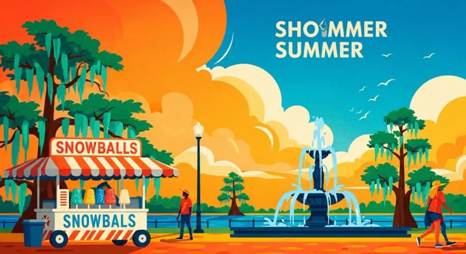 Illustration of a snowball stand and a splashing park fountain on a hot New Orleans summer day