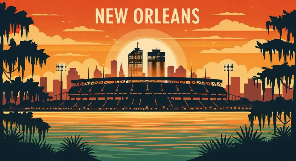 Illustration of the New Orleans stadium and skyline glowing at sunset across the water
