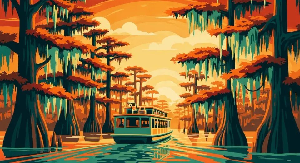 Illustration of a double-deck tour boat cruising a cypress-lined bayou channel draped in Spanish moss