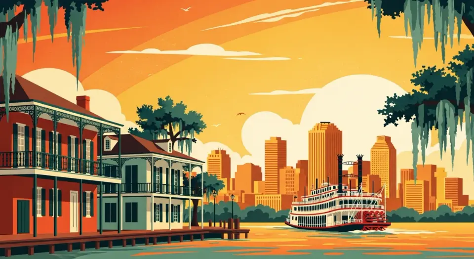 French Quarter balconies in New Orleans with a swamp airboat tour nearby