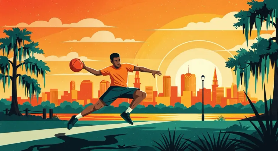 Illustration of a dodgeball player mid-throw in a park with the New Orleans skyline in the background