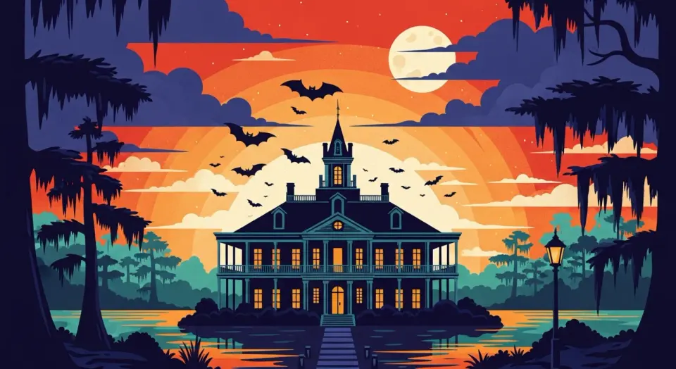 Illustration of bats circling a shadowy antebellum mansion under a full moon on the bayou