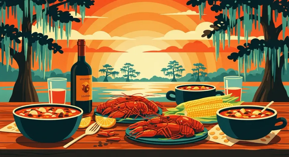 Illustration of a Louisiana feast with boiled crawfish, gumbo, and corn on a table overlooking the bayou at sunset